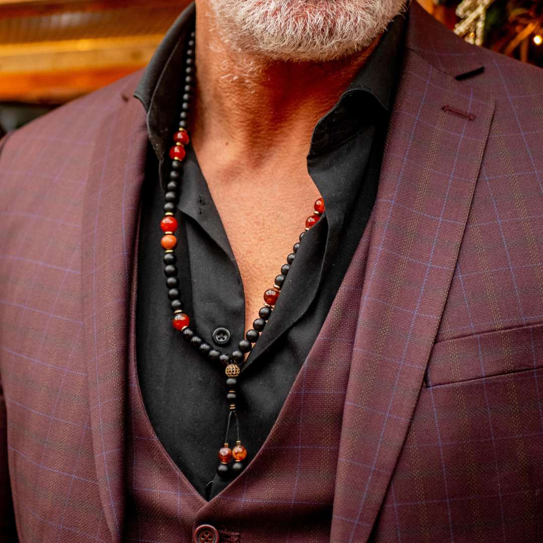 Handmade Rosary Necklace for Men with Onyx & Agate